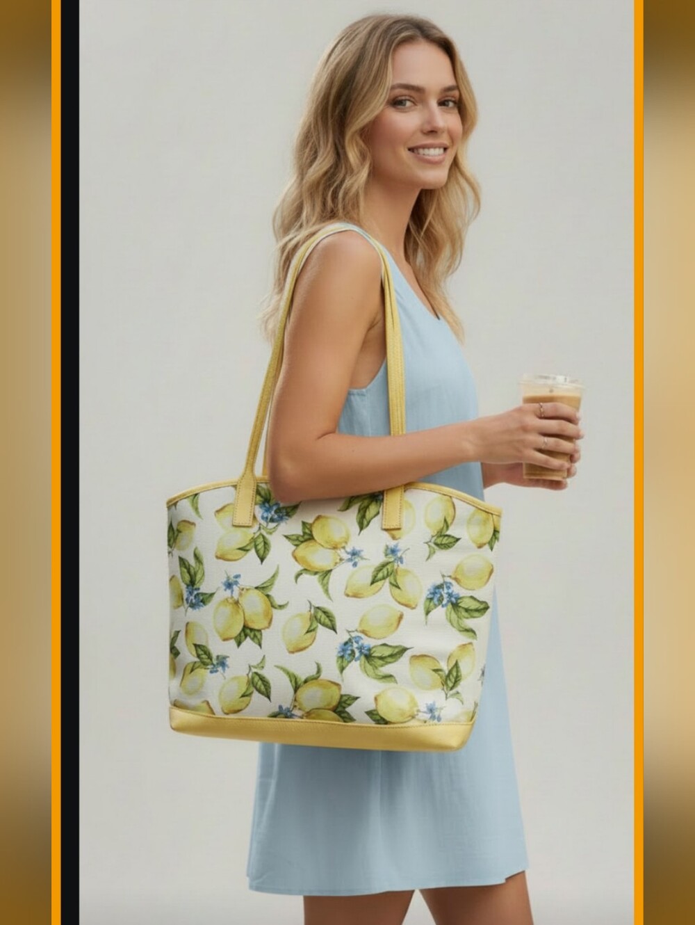 Talbots Lemon Blossom Large Cotton Canvas and Real Leather Perfect Tote Bag